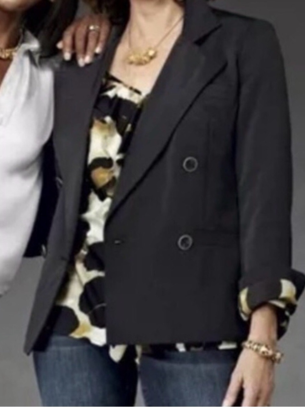 CAbi Black Double-Breasted Blazer with Animal Print Lining and Matching Camisole